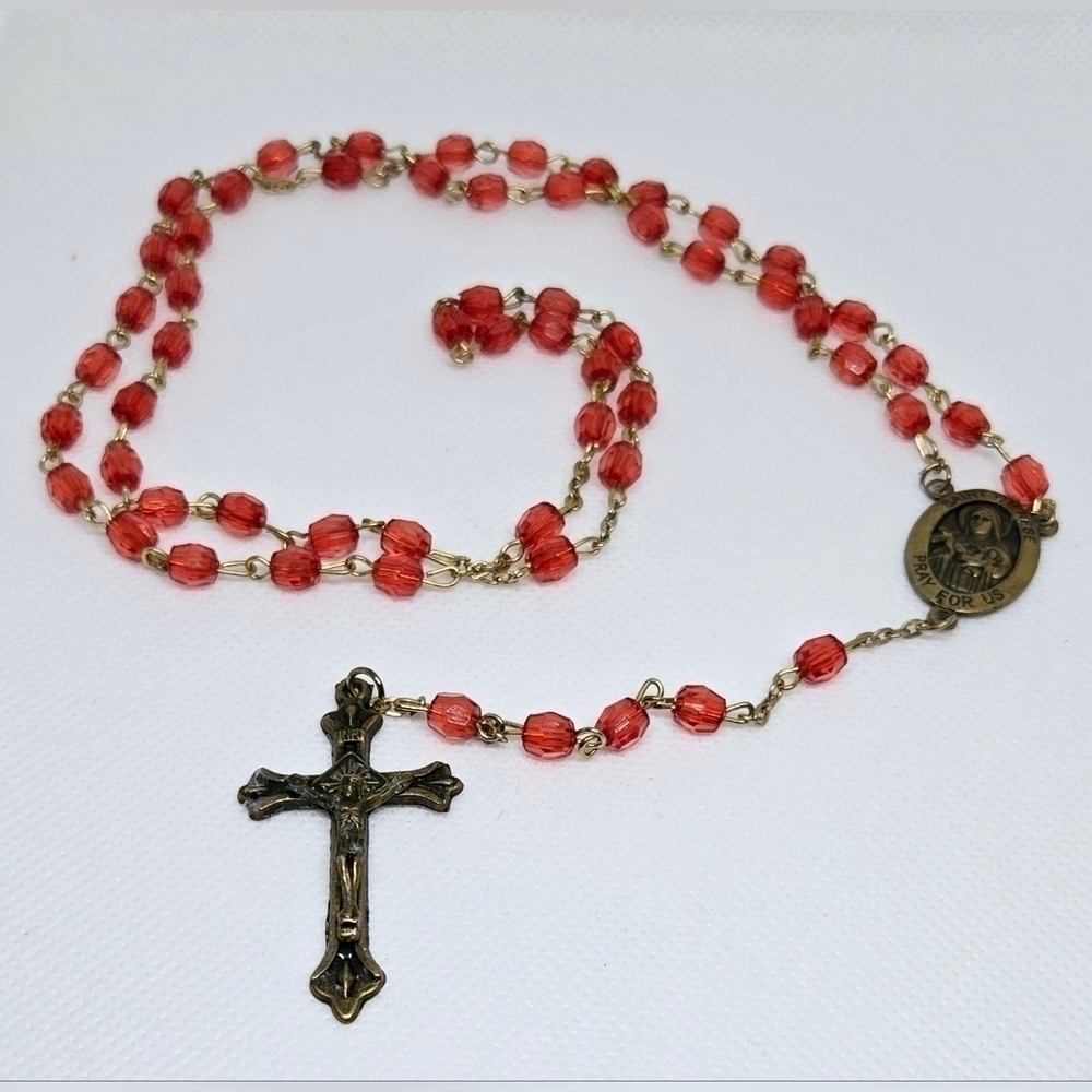 Saint Theresa Red Beaded Rosary Crucifix Catholic Prayer Necklace